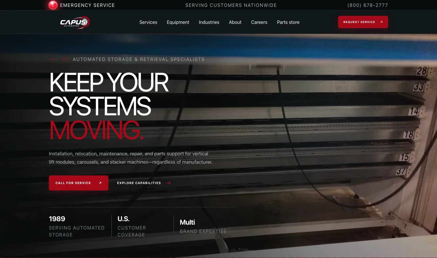 The current Capus Foundation homepage with its field-equipment hero, service controls, and proof band